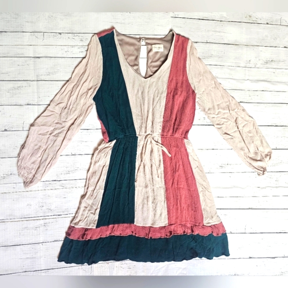 143 Story By Line Up Flowy Tiered Ruffle Longsleeve Midi Dress Colorblock Vneck - Picture 6 of 15